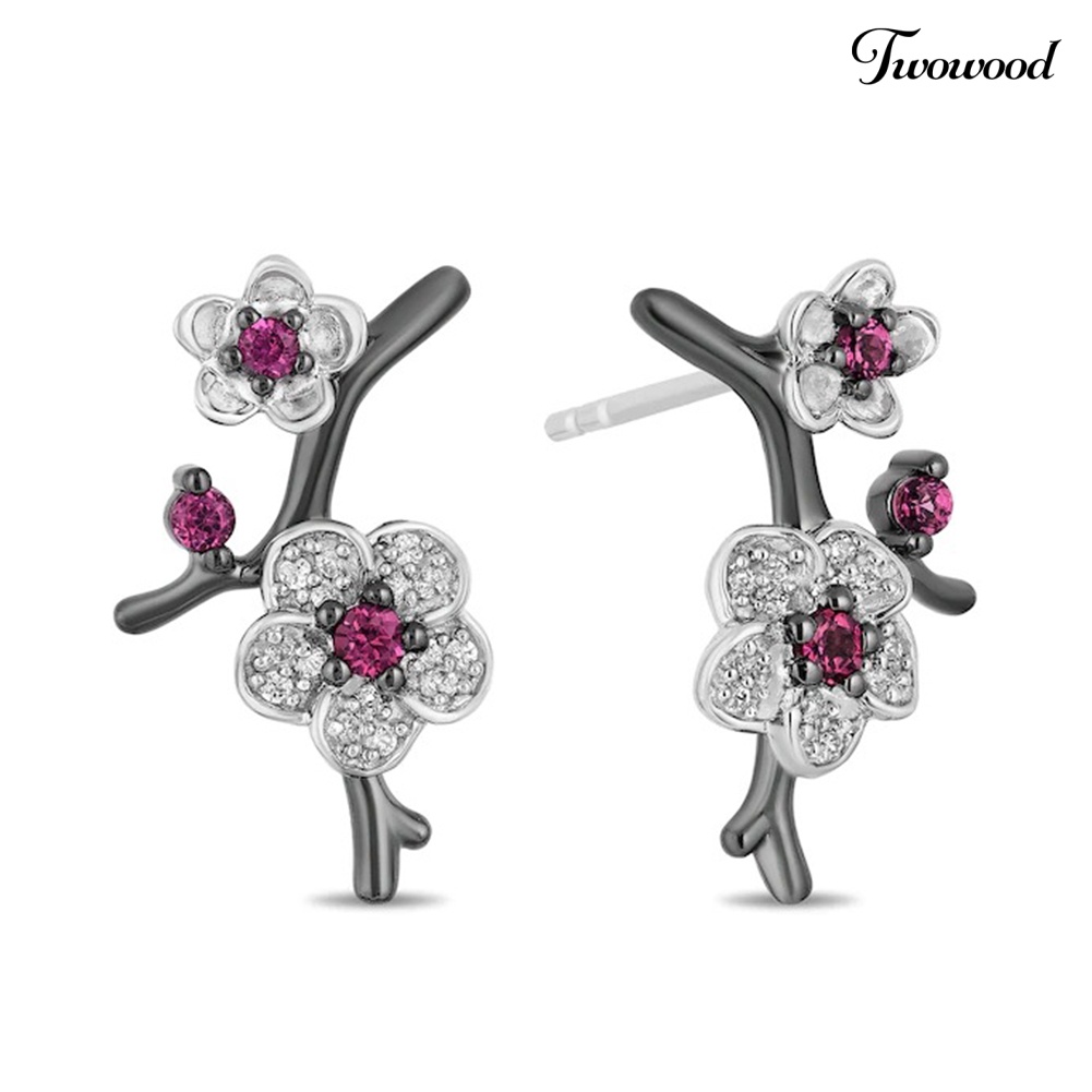 Twowood Berlian Imitasi Plum Blossom Bunga Wanita Kalung Telinga Stud Anting Jari Cincin