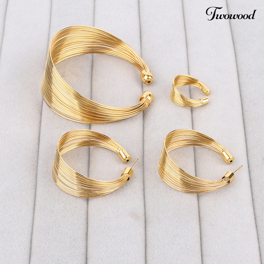 Twowood 4Pcs/Set Exotic Nigeria Bridal Lingkaran Kalung Anting Gelang Cincin Perhiasan