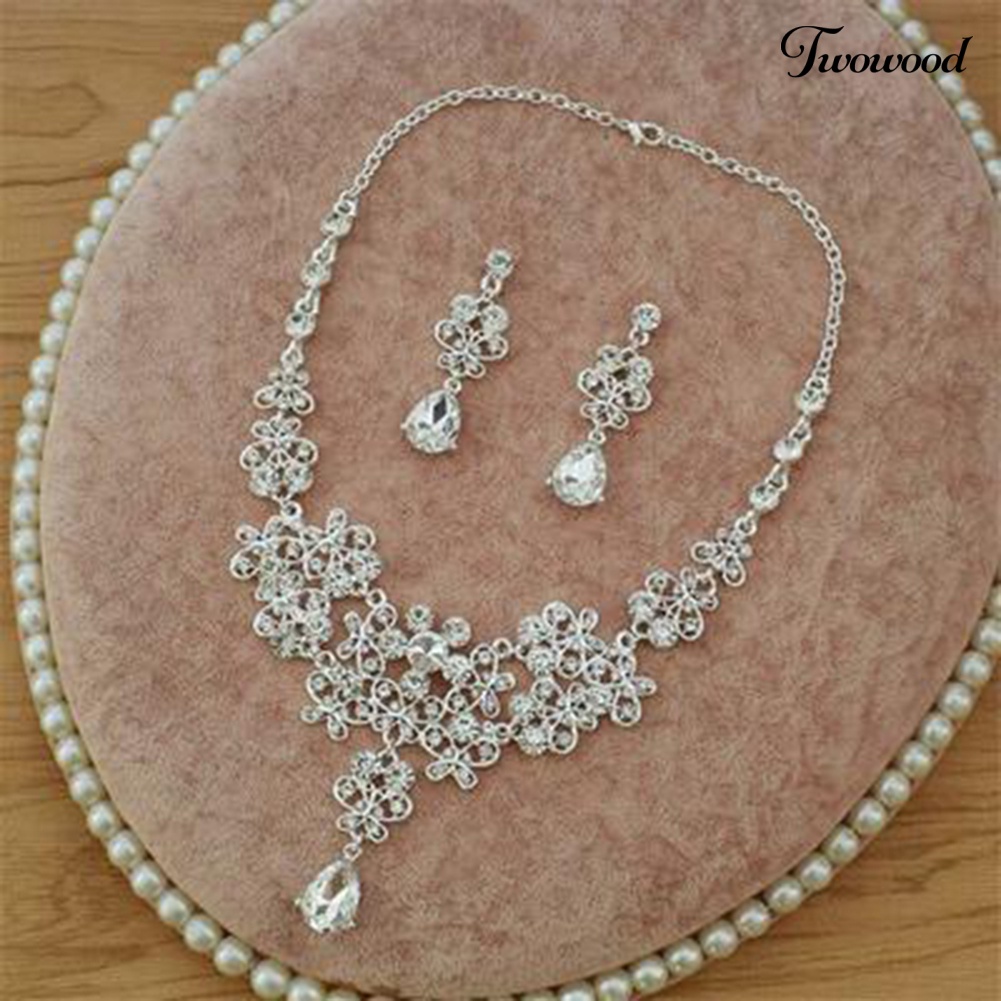 Twowood 3Pcs/Set Berlian Imitasi Kupu-Kupu Kalung Mahkota Anting Pengantin Pernikahan Perhiasan Hadiah