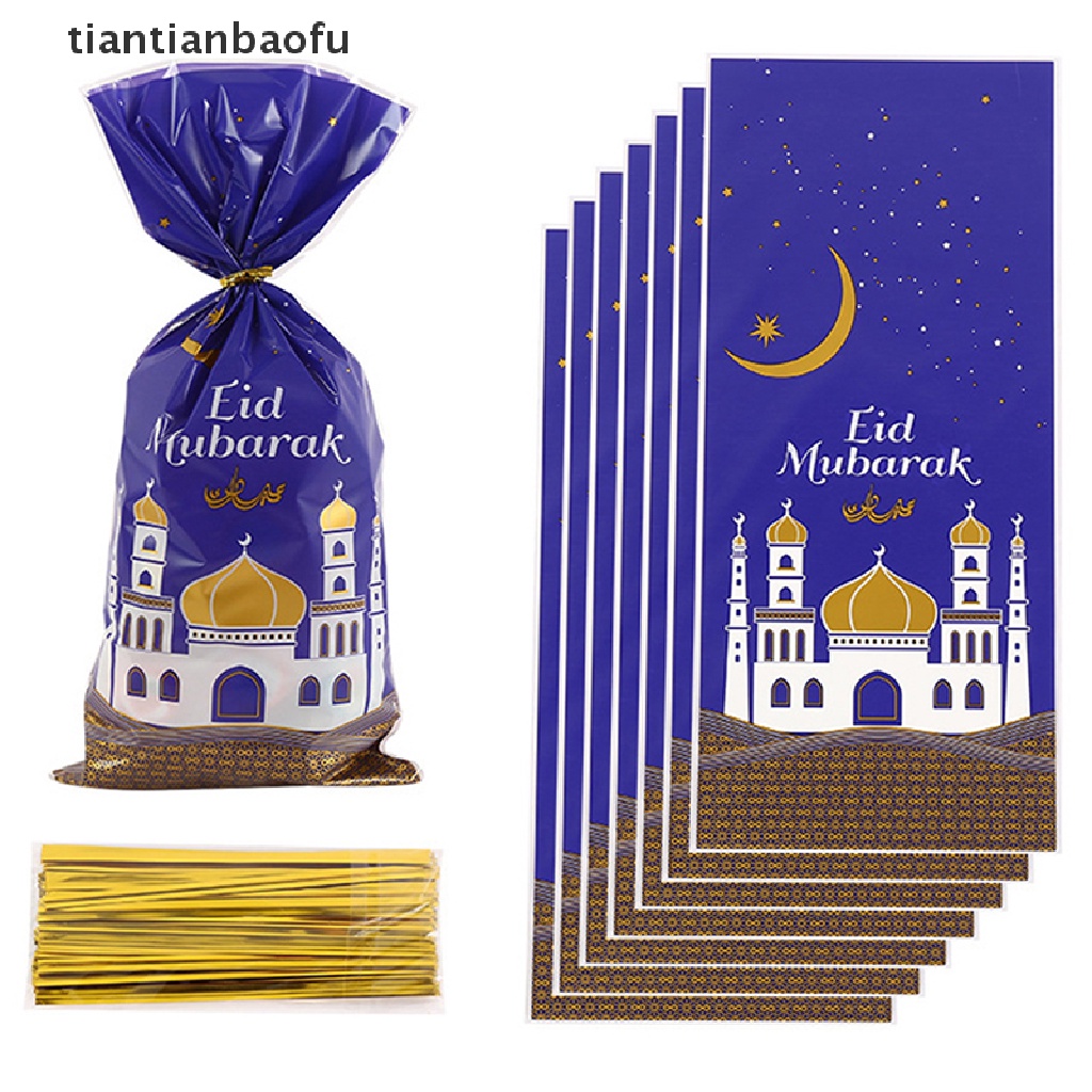 [tiantianbaofu] 50pcs Eid Mubarak Gift Bag Plastik OPP Bag Dua Warna Mix Perlengkapan Pesta Muslim Butik