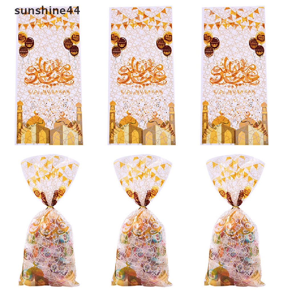 Sunshine 50Pcs Candy Bag Plastik Eid Mubarak Dengan Twist Ties Ramadan Kareem Kantong Kue Kering ID