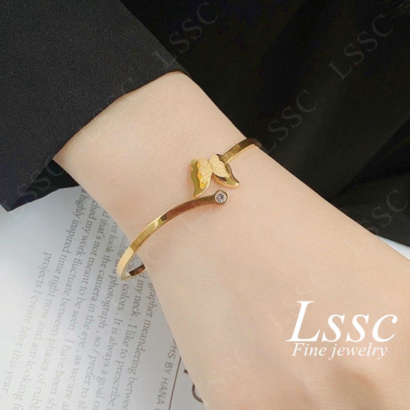 Gelang Titanium Wanita Anti Karat Kupu Kupu Cantik Emas 18K Dewasa Bangle Aksesoris Perhiasan Fashion Korea