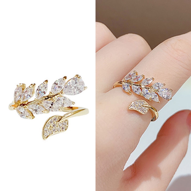 Versi Korea Gaya Baru Berlian Imitasi Daun Elegan Unik Berkelas Cincin Terbuka