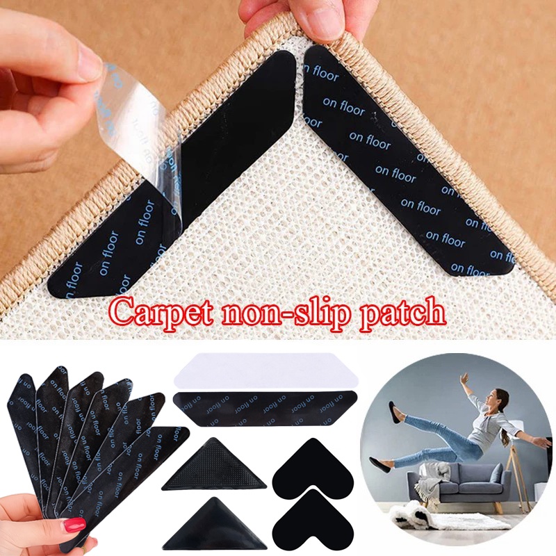 4per8 pcs Anti-Slip Karpet Patch Reusable Anti Curling Karpet Tape Trapesium Lantai Tikar Stiker PU Sudut Pad Peningkatan Rumah Aksesoris