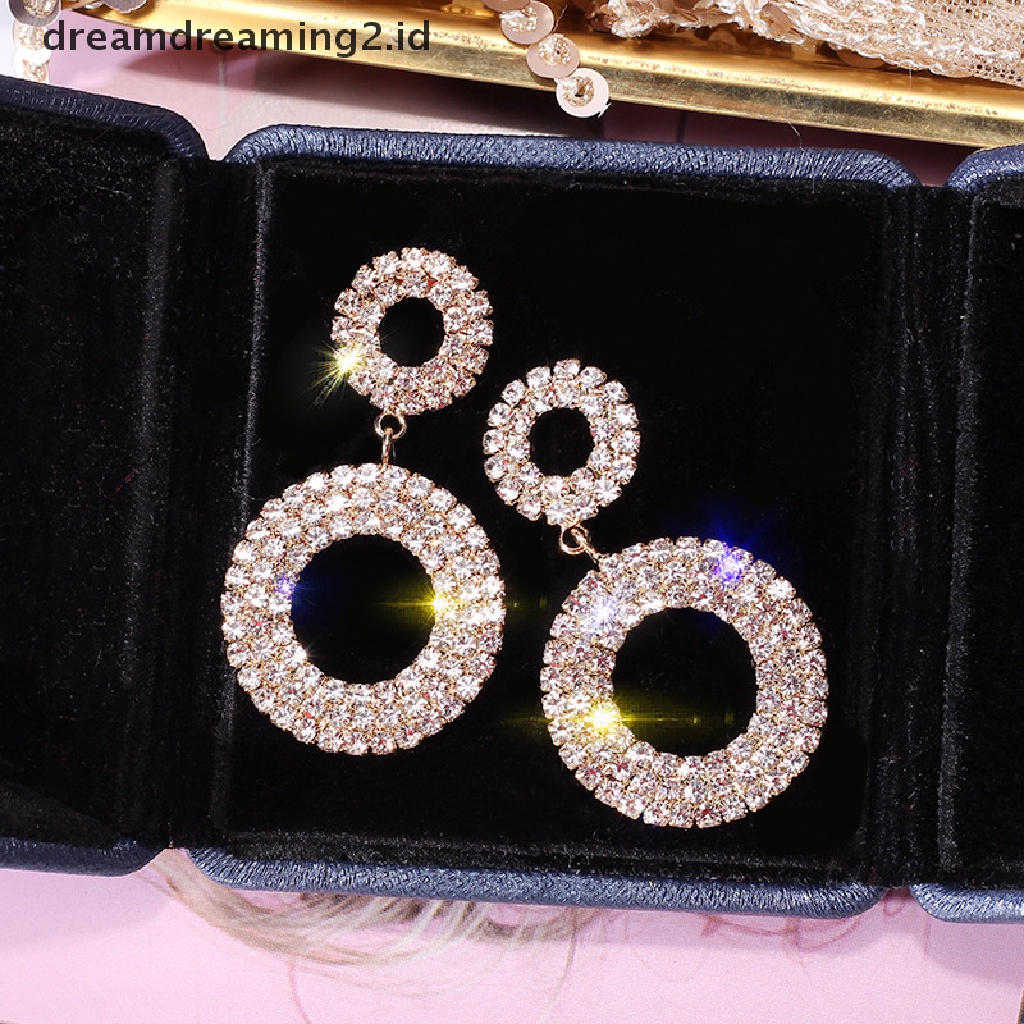 (hot) Anting Bulat Wanita Kristal Geometris Hoop Earrings Hadiah Perhiasan Pernikahan//