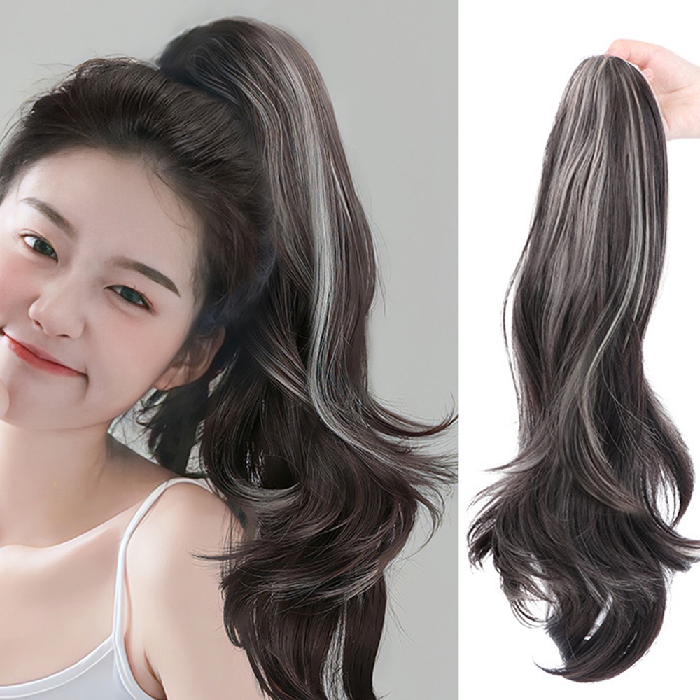 Keriting Alami Highlight Ponytail Wig Wanita Perempuan Ambil Gaya Panjang Berbulu Ekstensi Rambut