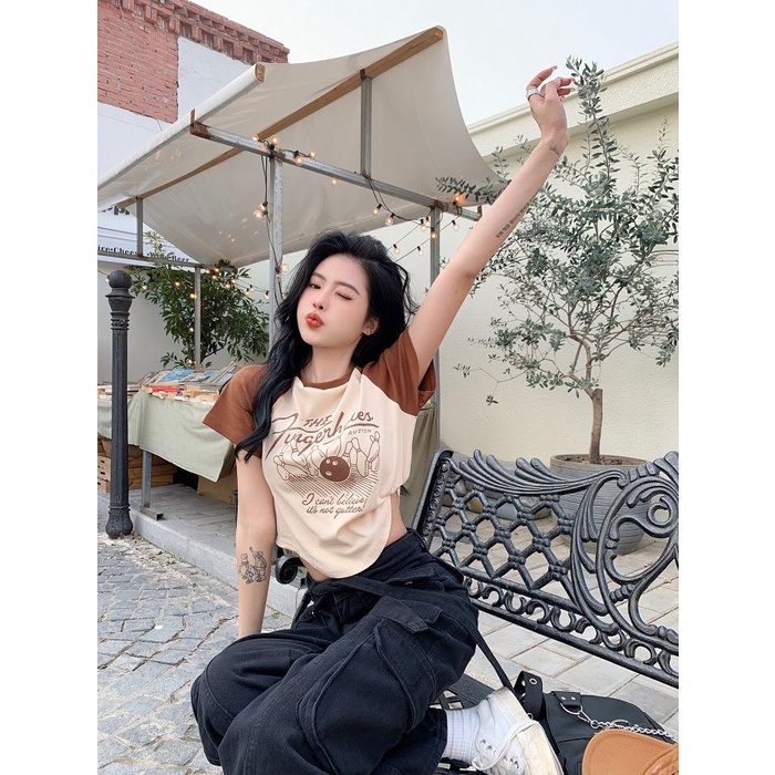 Red American retro katun bahu depan lengan pendek t-shirt wanita musim panas rasa desain baru ceruk hit warna pendek hot girl top