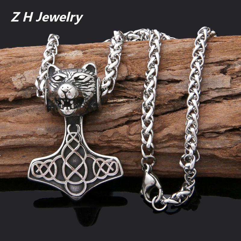 [Z H Perhiasan] Vintage Nordic Viking Thunder Hammer Tiger Hip Hop Liontin Pria Dan Wanita Fashion Stainless Steel Kalung Punk Pesta Rock Perhiasan Aksesoris