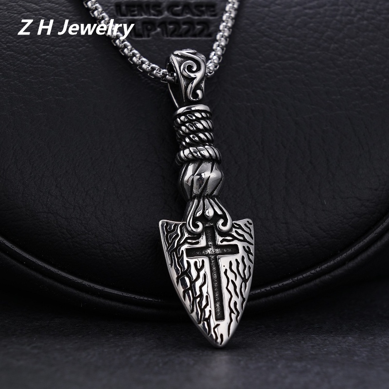 [Z H Perhiasan] Vintage Nordic Viking Cross Tombak Hip Hop Liontin Pria Dan Wanita Fashion Stainless Steel Kalung Punk Pesta Rock Perhiasan Aksesoris