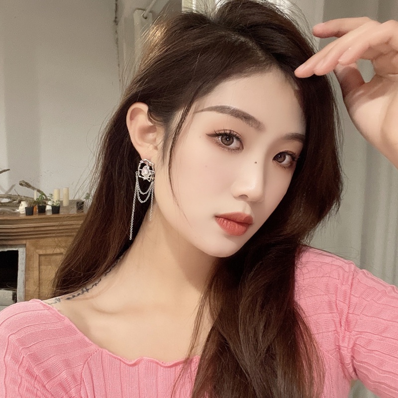 Yeezii Anting Tusuk Zirkon Pink Individu Silver Rumbai Earings Untuk Perhiasan Aksesoris Wanita