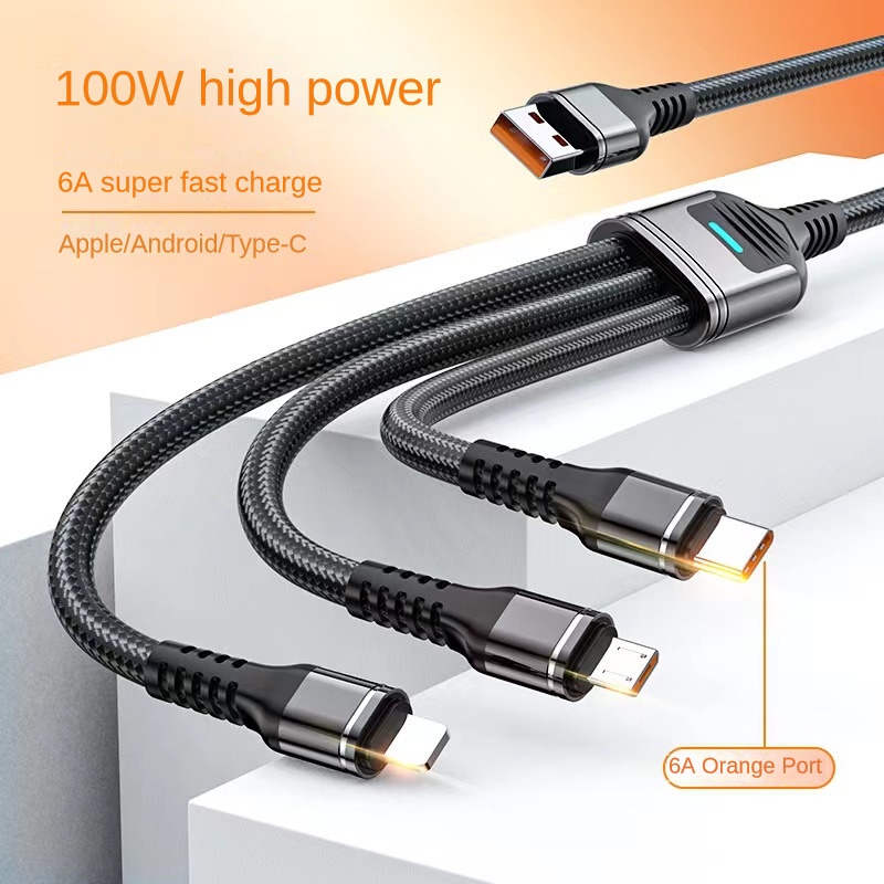 6a 100W 3in1 Super Fast Charging Braided Ekstensi Kabel Data Pengisian Cepat Untuk iPhone Android