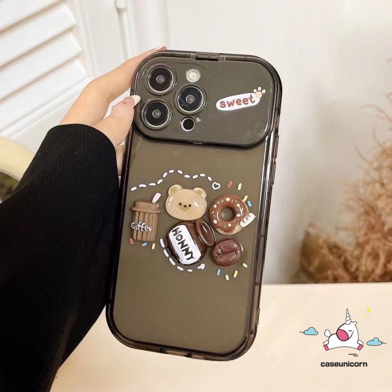 Boneka 3D Kartun Lucu Mainan Beruang Kopi Donat Untuk Oppo A12 A57 A3s A15 A5 A9 A53 A31 A33 2020 A5s A7 A12E A77 A77s A11K A15s A11 A35 Lembut Kreatif Flip Make Up Mirror Cover