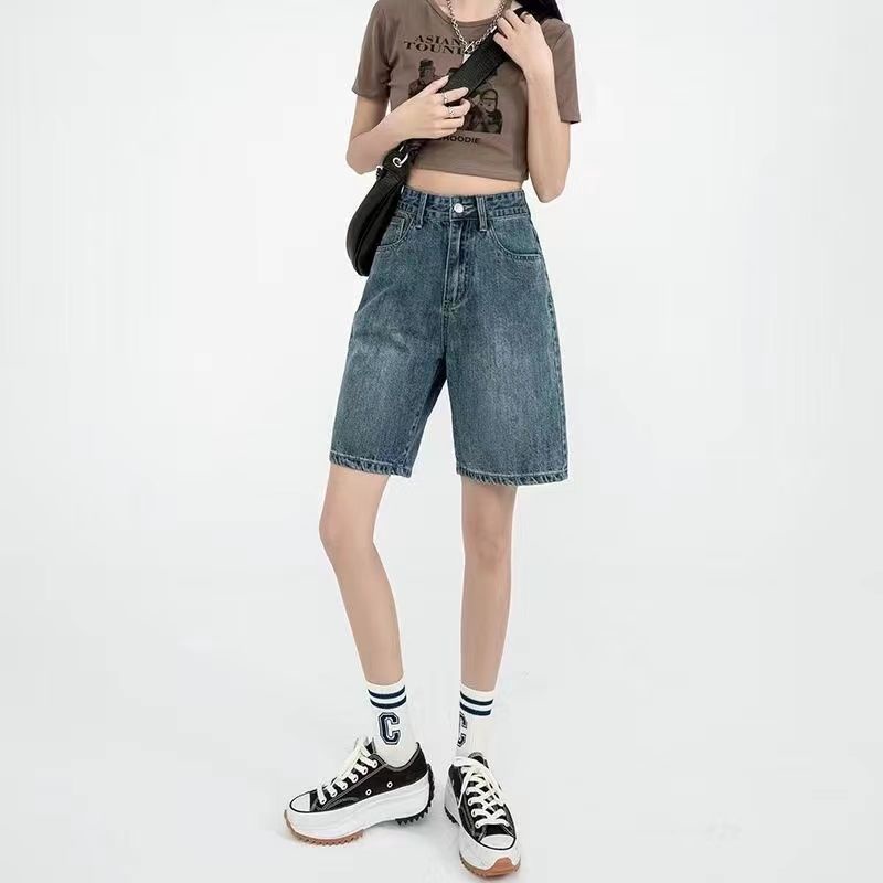 Red Retro Denim Celana Pendek Wanita Lima Titik Tinggi Pinggang 2022 Baru Longgar Rasa Desain Niche Tide In Musim Panas Bagian Tipis