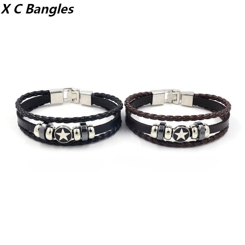 [X C Gelang] Baru Lima Titik Bintang Gaya Gelang Hitam Kulit Vintage Hip Hop Punk Gelang Kulit Cuffles Manik-Manik Multilayer Zinc Alloy Anyaman Gelang