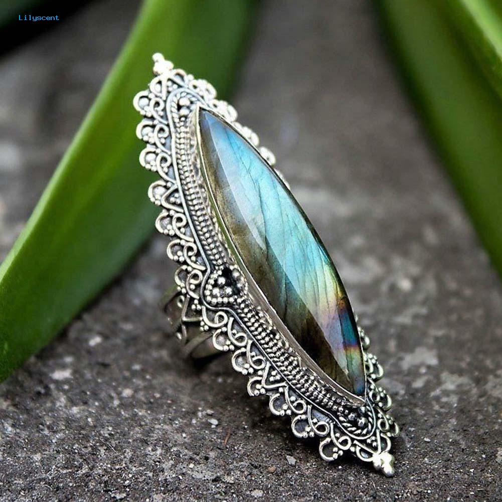 Lilyscent Retro Wanita Marquise Cut Faux Labradorite Hias Caved Finger Cincin Perhiasan Hadiah