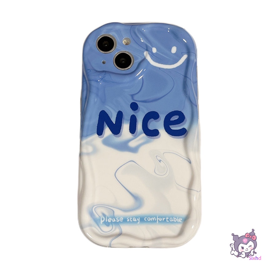 IPHONE Ins Biru Putih Patchwork Smile Kompatibel Untuk Iphone14 13 12 11 Pro Max SE 2020 X XR Xs Max 7-8 6 6s Plus Wave Edge Phone Case Silikon Lembut Perlindungan Anti Jatuh Back Cover