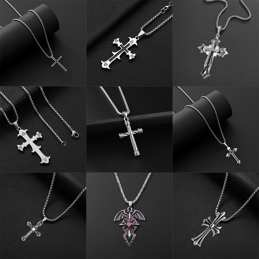 Kalung Stainless Steel Cross Series Sweater Rantai Influencer Hip-Hop Student Disc Pendant Pria