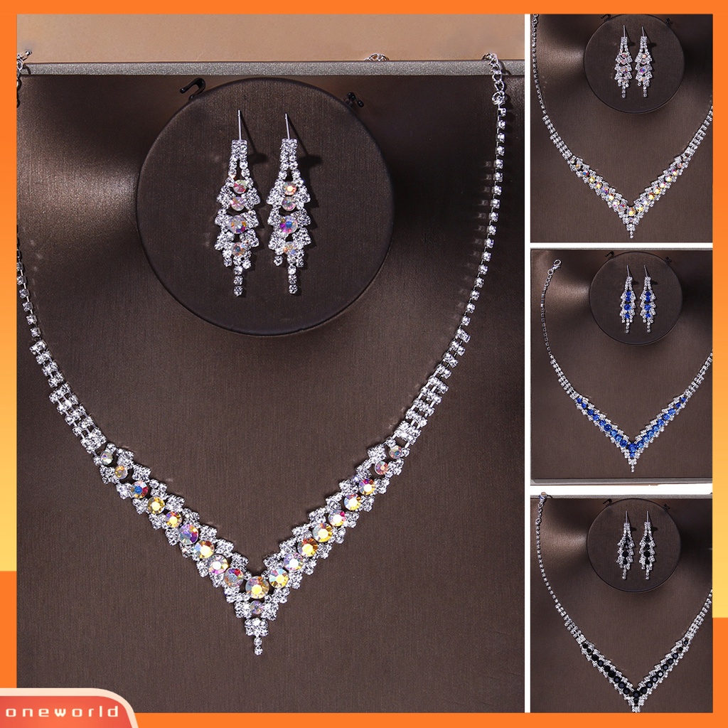 [ONE] 1set Kalung Pengantin Elegan Dainty Temperamen Mulia Berkilau Berwarna Berlian Imitasi Menjuntai Anting Kit Perhiasan Pernikahan