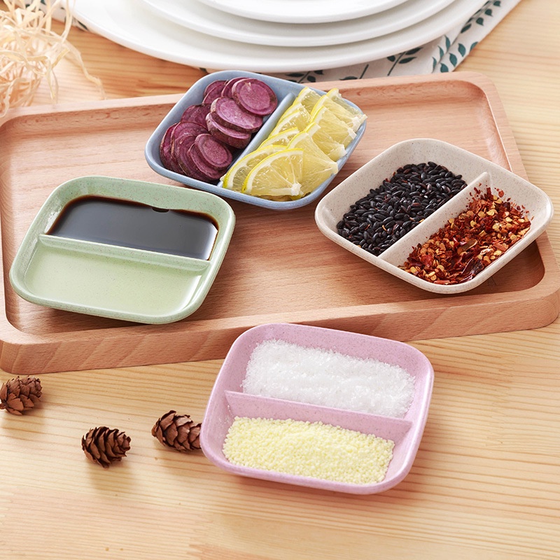 [Unggulan] Wheat Straw Double Grid Small Dish Peralatan Makan Bumbu Dapur Rumah Piring Makanan Ringan Piring Bumbu Dapur Peralatan Makan Piring Snack Piring Kecap Mini Dipping Dish Appetizer Tray