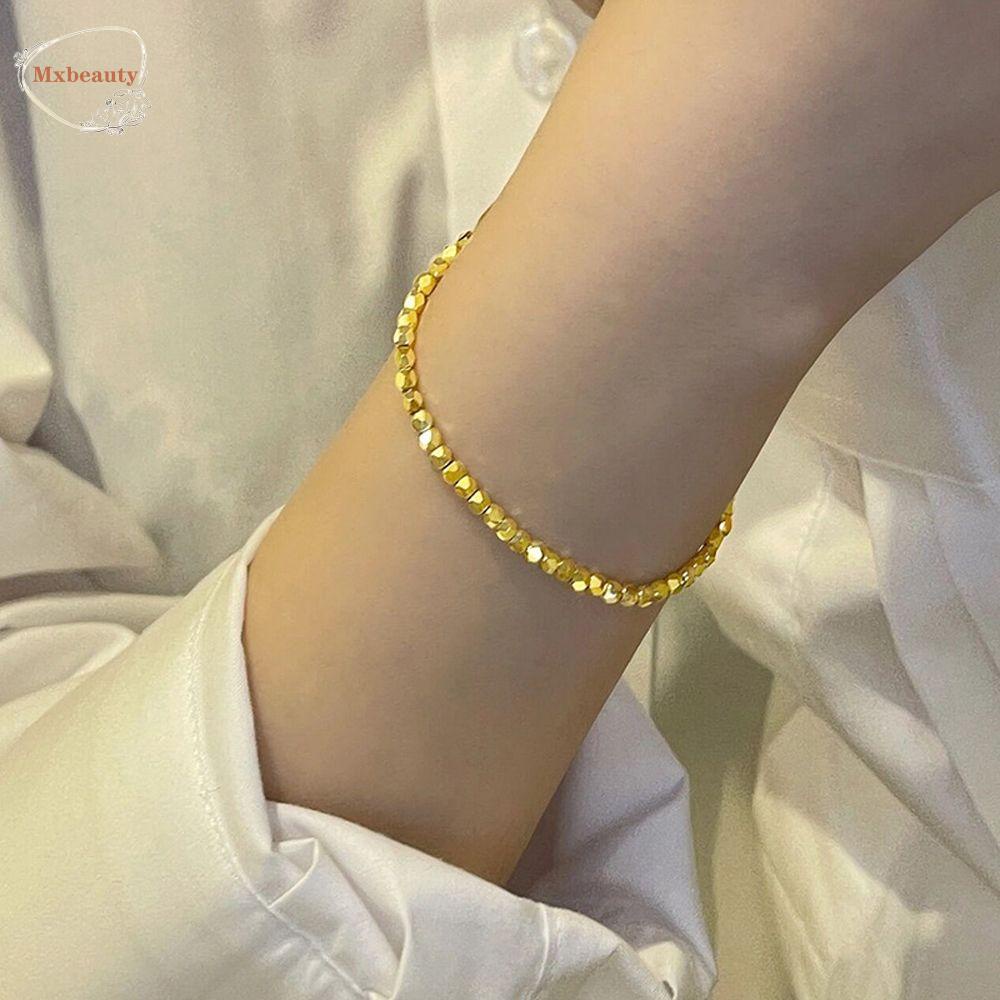 Mxbeauty Gelang Manik-Manik Kubus Elegan Sederhana Perhiasan Pergelangan Tangan Manik-Manik Persegi Warna Emas Perak Logam Wanita Bracelet