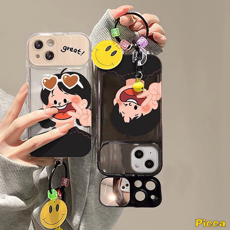 IPHONE Flip Kreatif Make Up Mirror Case Kompatibel Untuk Iphone7 8 14 Plus 11 13 12 14 Pro MAX XR X XS MAX SE Pasangan Cowok Cewek Case Dengan 3D Gelang Shockproof Soft Cover