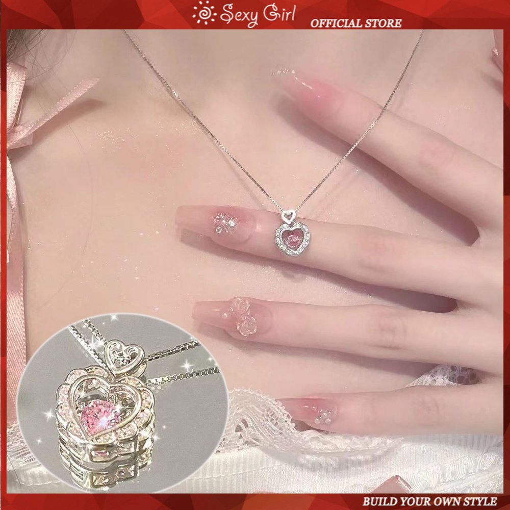 Cinta Kunci925 Perak Kalung Wanita Minoritas Desain Cahaya Mewah Berlian Merah Muda Zirkon Klavikula Rantai Smart Liontin Hadiah Pacar Perhiasan Gadis Seksi