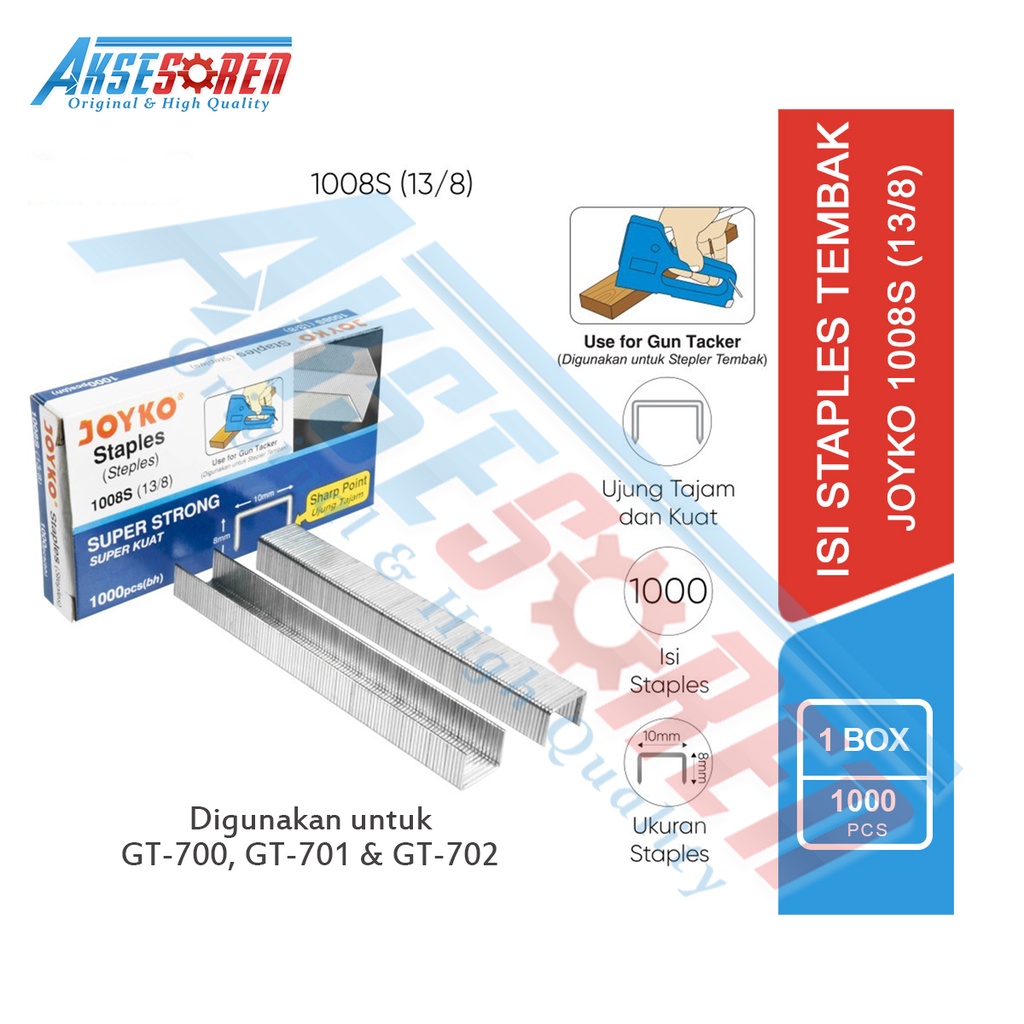 

Aksesoren Isi Staples Tembak Joyko 13/8 [1008s/ 1 Box/1000 Pcs] / Refill Steples Jok Motor / Hekter / Stapler Tembak Kayu / Isi Ulang Gun Tacker Untuk GT-700 GT-701 & GT-702