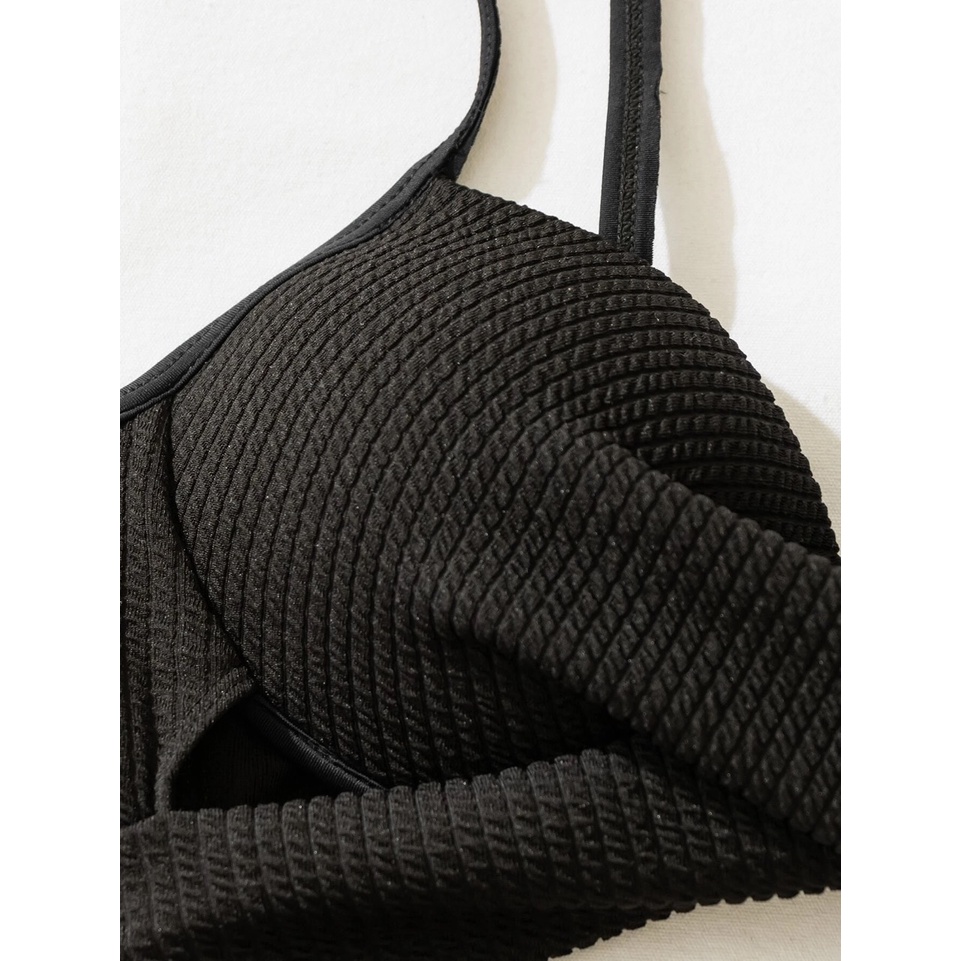 Bikini Set One Piece Baju Renang Wanita Swimsuit Swimwear Hitam Tali Menyilang Bra Push Up Bahan Tekstur Lembut Stretch
