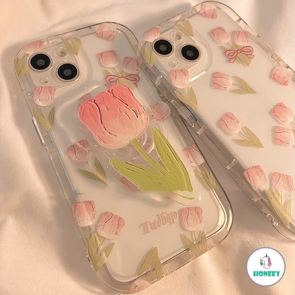 IPHONE Pink Lukisan Minyak Tulip Dengan Braket Tulip Pink Casing Ponsel Untuk Iphone14 13 12 11 Pro Max14 Plus TPU Shockproof Case Cover