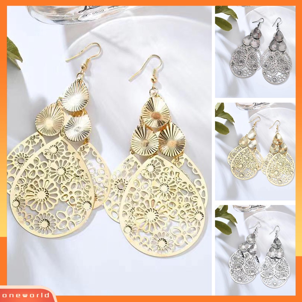 [EONE] 1pasang Anting Kait Berlebihan Retro Geometris Elegan Berongga Bunga Tetesan Air Liontin Wanita Menjuntai Anting Perhiasan Fashion