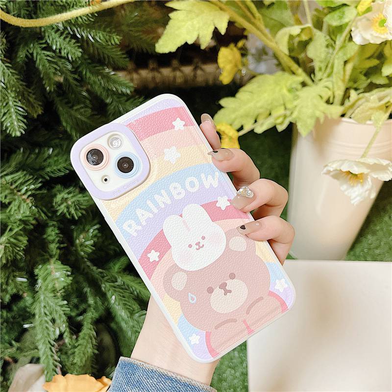 Leather Rainbow Bear Bunny Soft Silicon Case HP iP iPhone 7 8 14 + Plus SE 2020 X XS XR Max 11 12 13 Pro Max FTD Casing Apple