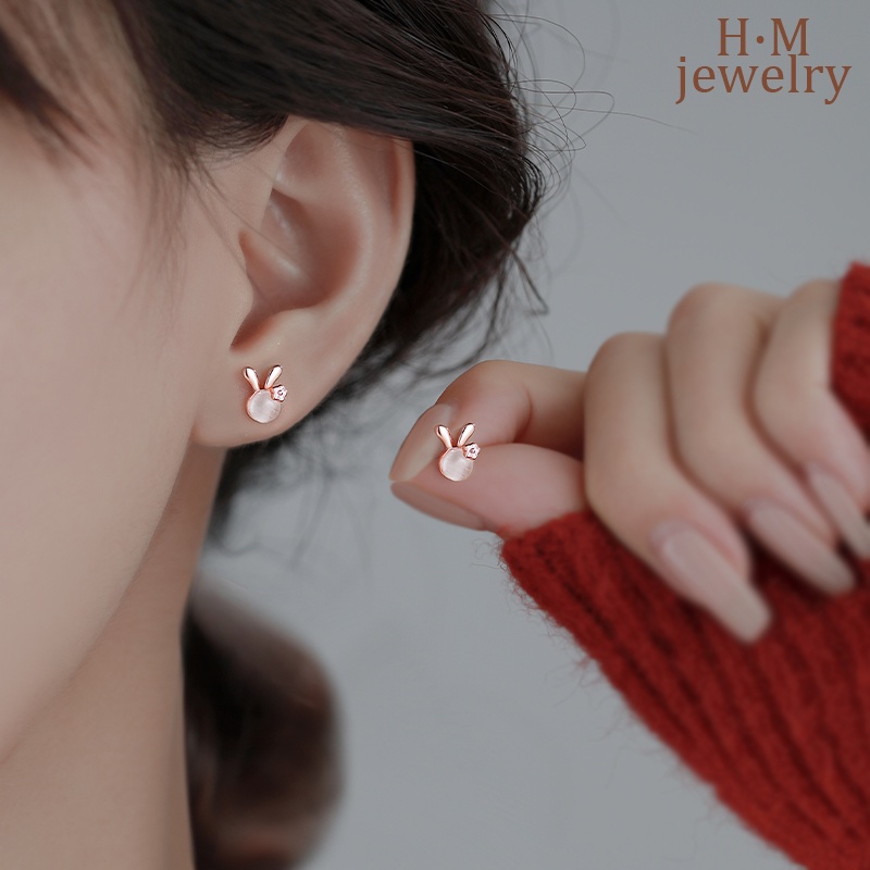 S925 Perak Opal Rabbit Stud Earrings Lucu Dan Kompak Manis Aksesori