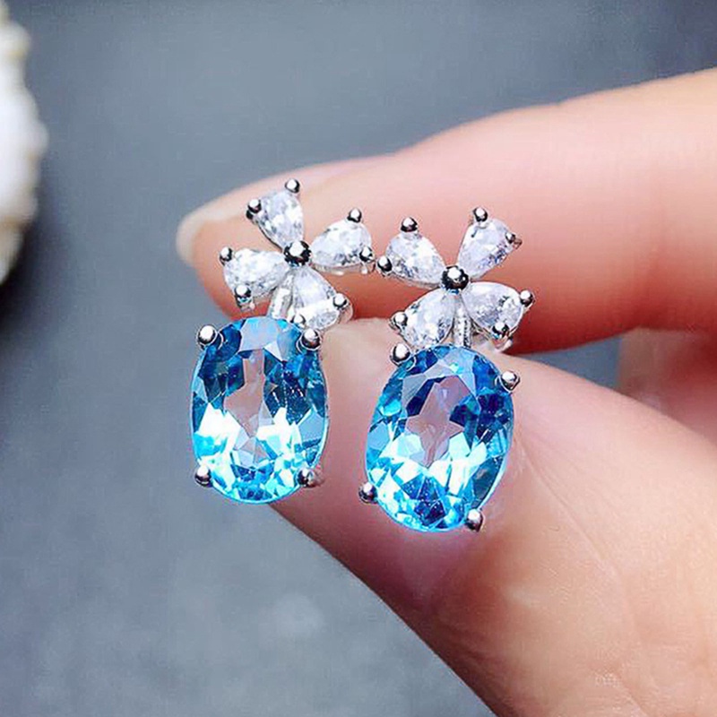 Sky Blue Cubic Zirconia Bunga Stud Anting Wanita Pertunangan Pesta Temperamen Aksesori Manis Perhiasan Fashion