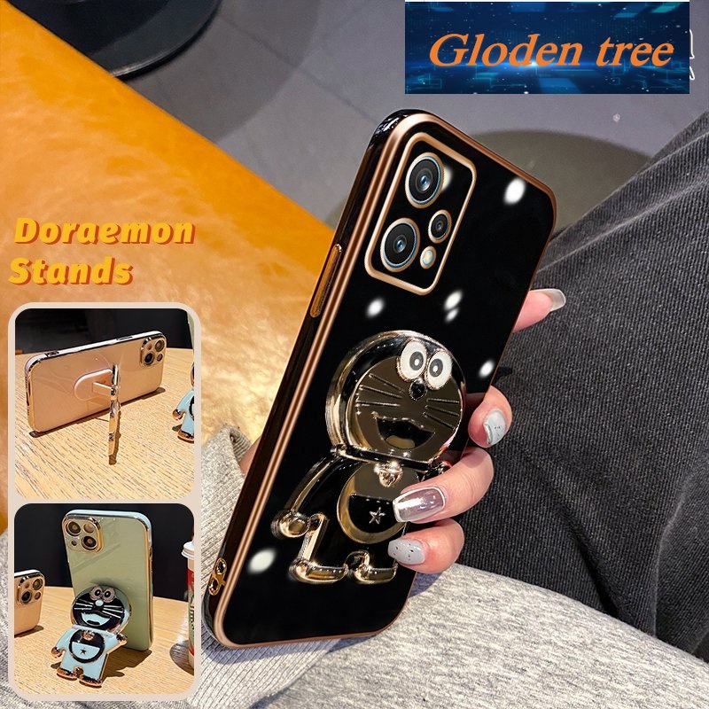 Gloden tree Casing Untuk Realme 9pro Plus 5G V25 Narzo 50pro 5G Case Fashion Kartun Doraemon Stand Lipat Casing Ponsel Electroplating Shockproof Phone Holder Case