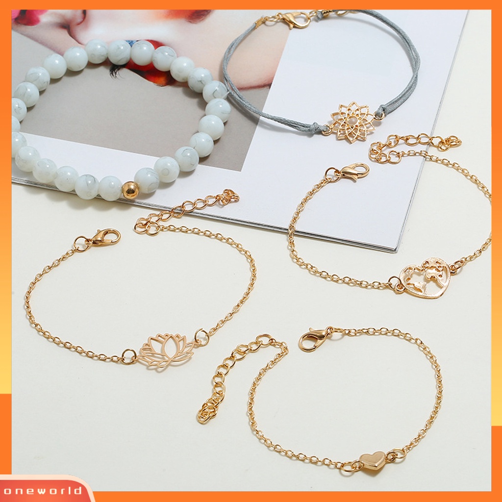 [EONE] 5pcs Wanita Gelang Hollow Out Lotus Perhiasan Adjustable Bright Luster Bracelets Untuk Pesta