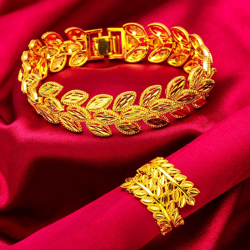 Goldkingdom Perhiasan Fashion 24K Bangkok Aksesoris Ready Stock Gandum Telinga Daun Bertepi Lebar Wanita Daun Cincin Gelang Set