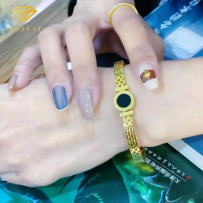 Gelang titanium Wanita Anti Karat Bulat Hitam Romawi Emas 18K Bangle Aksesoris Mewah Korean Style COD