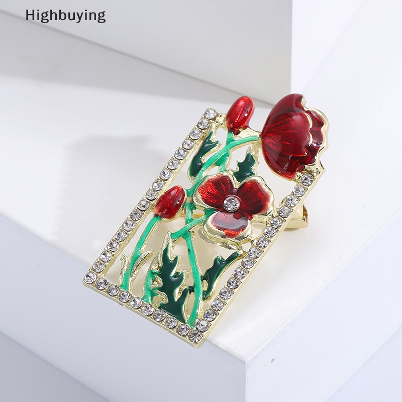 Hbid Bros Bunga Cantik Untuk Wanita Desain Bingkai Enamel Merah Tanaman Pesta Kantor Brooch Pin Hadiah Glory