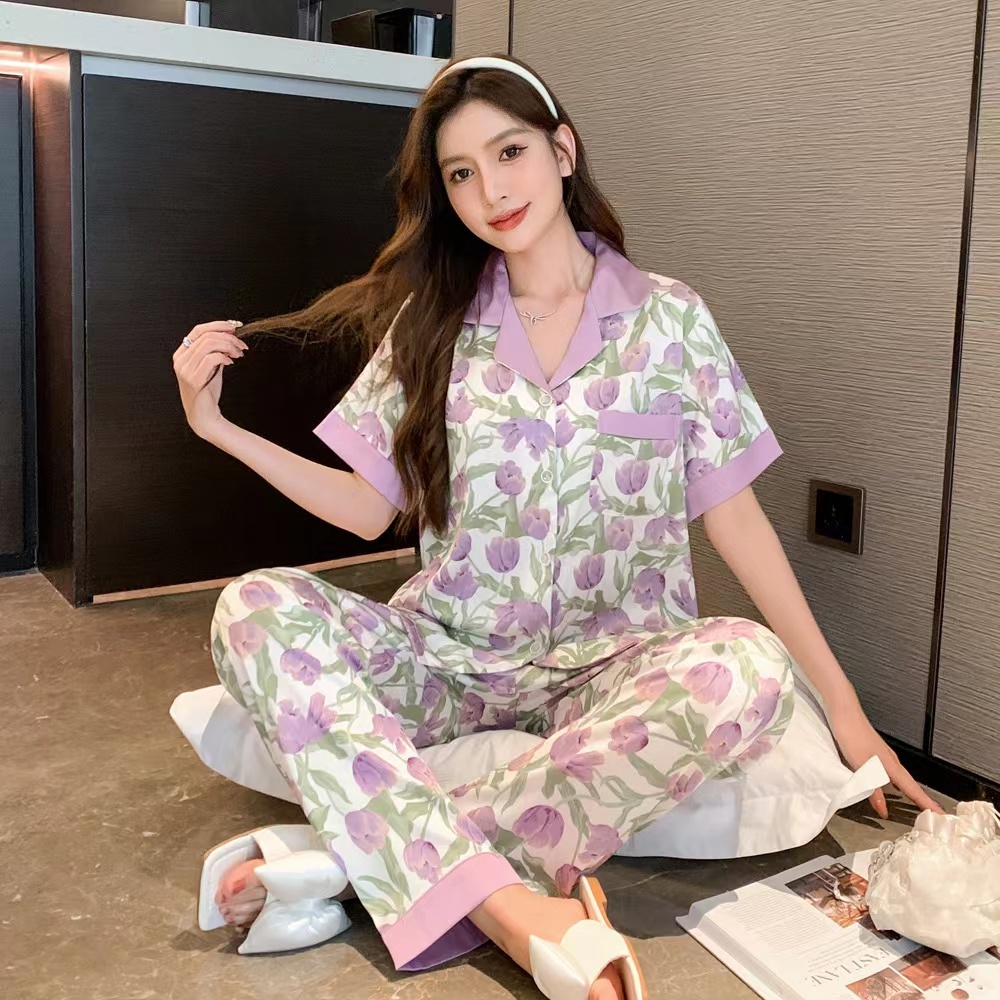 2023 new Korean thin printed pajamas set/short sleeve top+trousers two sets of home clothing