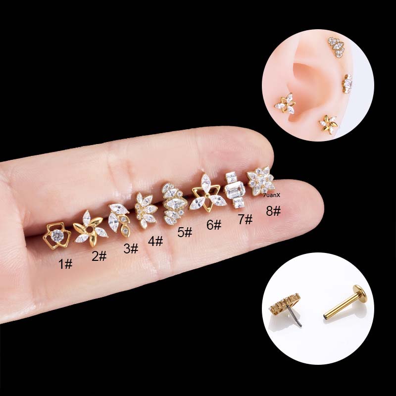 1biji Insert Style G23 Titanium Surgical Steel Labret Stud Bibir Helix Tragus 16Gauge Piercing Bentuk Mahkota Bunga