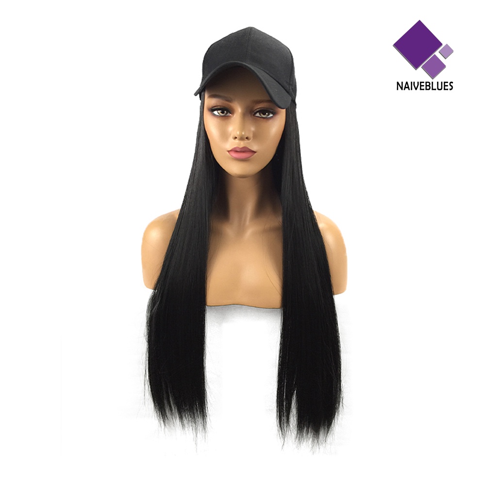 &lt; Naiveblues &gt; Rambut Sintetis Wanita 2in1 Lurus Panjang Dengan Topi Hairpiece Pesta