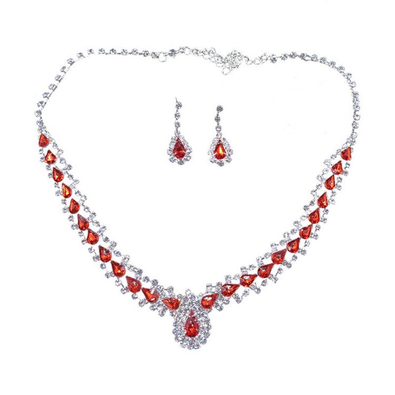 Set Aksesoris Pernikahan Pengantin Fashion Korea Cantik Kalung Droplet Merah