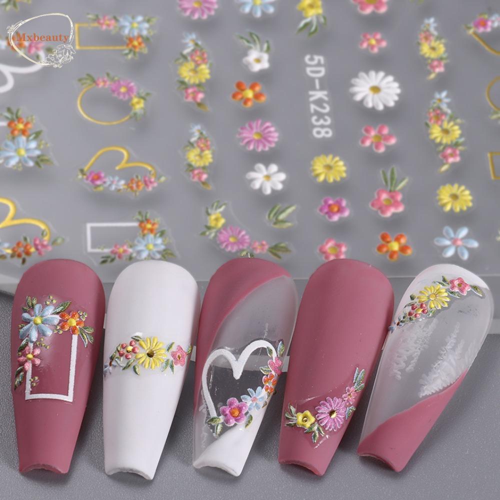 Mxbeauty Bunga Stiker Kuku Wanita 5D Relief Musim Semi Bunga Matahari Hiasan Kuku