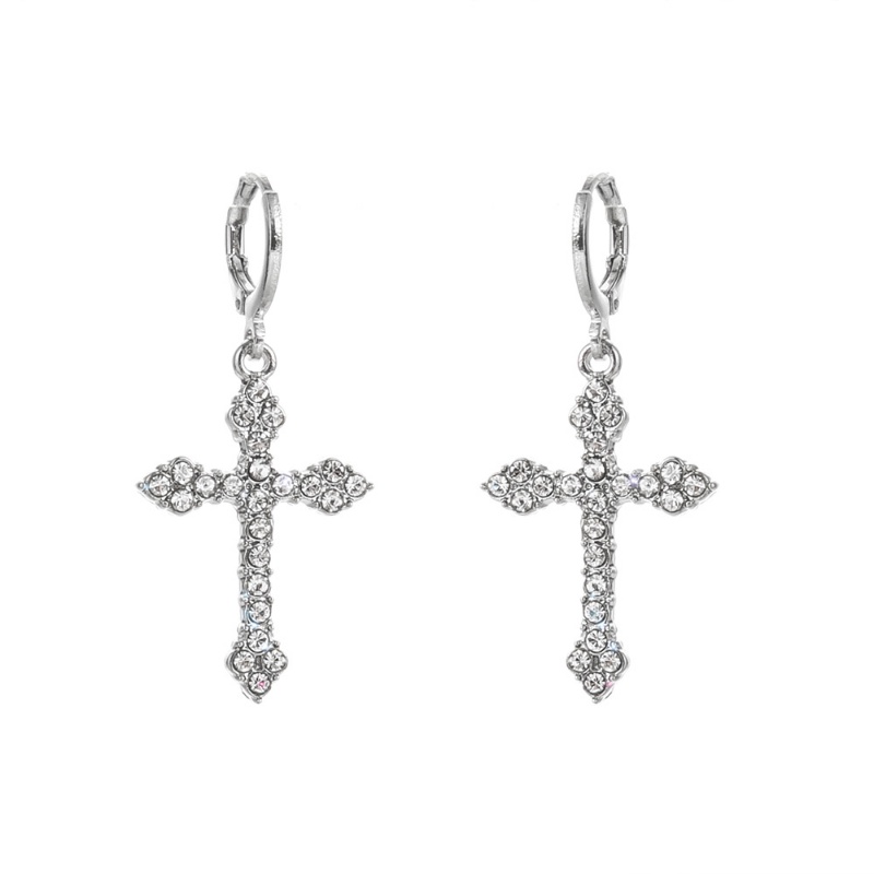 Wanita Pria Trend Fashion Shiny Zircon Cross Earrings Simple Indah Hip Hop Punk Warna Perak Kristal Drop Earring Perhiasan