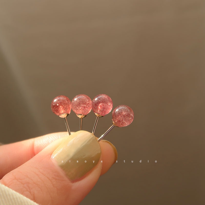 S925 Perak Kristal Strawberry Telinga Studs Temperamen Perempuan Korea Sederhana Merah Muda Kristal Telinga Perhiasan Hadiah