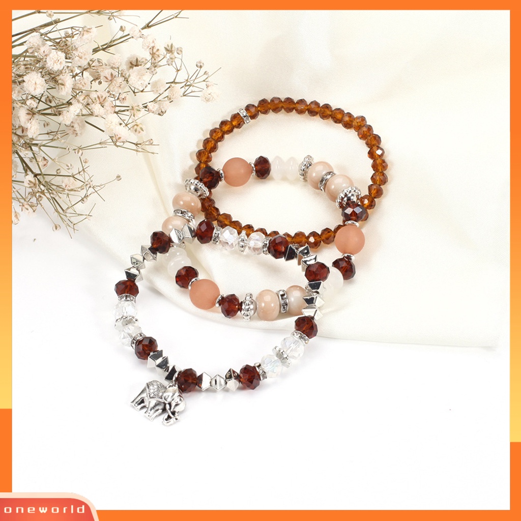 [EONE] 3 Pcs/Set Gajah Menjuntai Tali Elastis Perempuan Gelang Multilayer Wanita Bohemia Manik-Manik Kristal Imitasi Gelang Perhiasan Aksesori