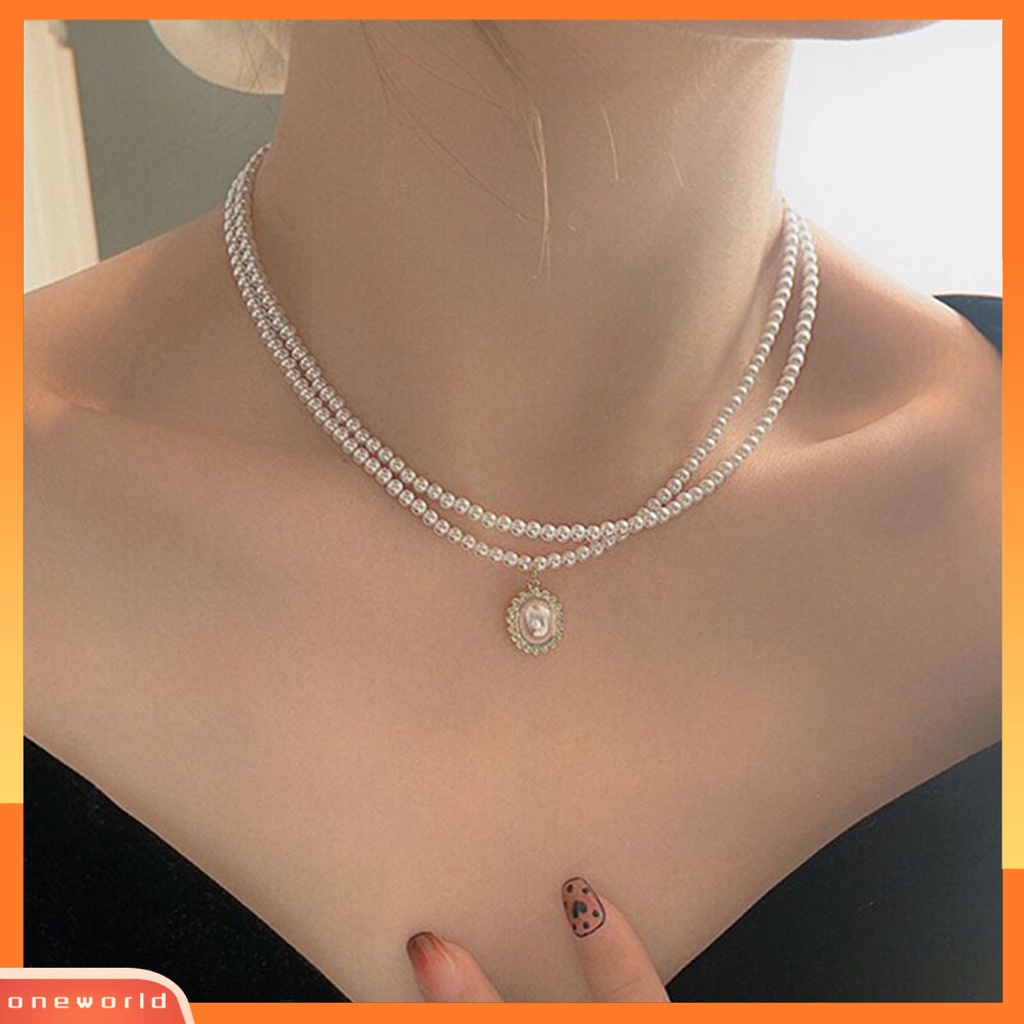 [EONE] Kalung Choker Lapisan Ganda Mutiara Imitasi Perhiasan Adjustable Retro Rantai Klavikula Untuk Pesta Pernikahan Perjamuan Prom