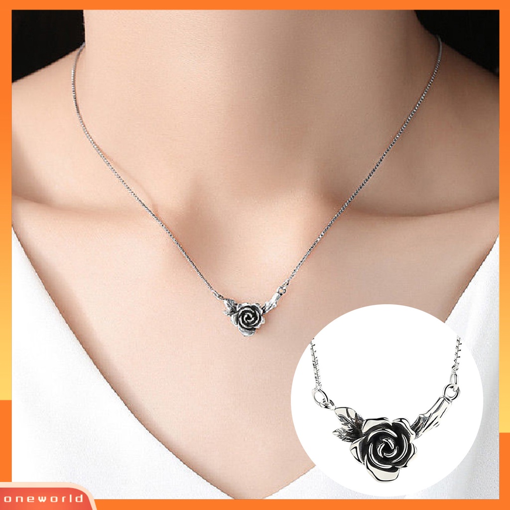 [EONE] Wanita Kalung Vintage Bunga Hitam Rose Stainless Desain Lama Leher Dekorasi Warna Perak Tepi Halus Rose Pendant Necklace Perhiasan Pesta