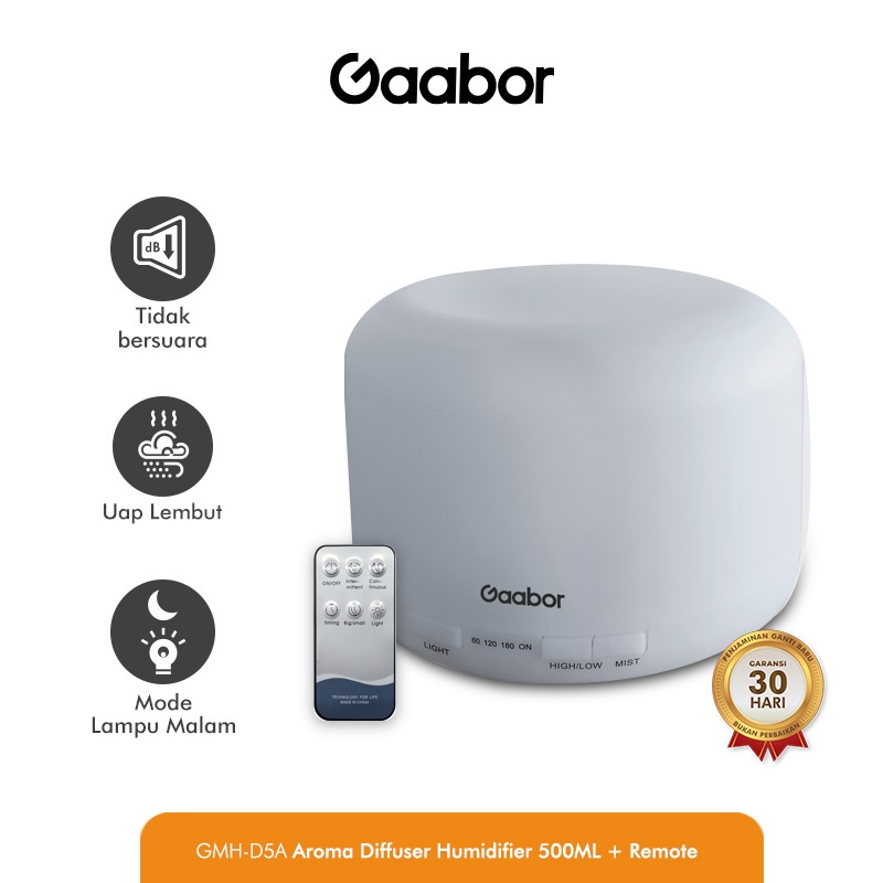 Gaabor Diffuser Humidifier 500 ml Aroma Terapi Essential Oil + Lampu dan Remote /GMH-D5A