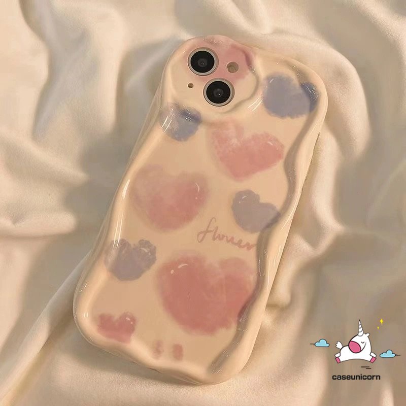 Casing Tepi Lengkung Bergelombang 3D Shockproof Kompatibel Untuk iPhone 7Plus 11 14 12 13 Pro Max XR X7 8 6s 6 Plus XS Max SE 2020 8Plus Pink Watercolor Flower Love Heart Soft Glossy Cover